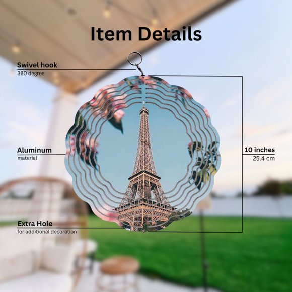 Paris Eiffel Tower Flowers Wind Spinner with Swivel Hook - Picture 2 of 3